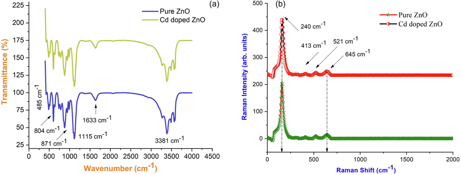 (a) FTIR spectrum, (b) Raman analysis of pure ZnO and Cd doped ZnO nanocomposites.