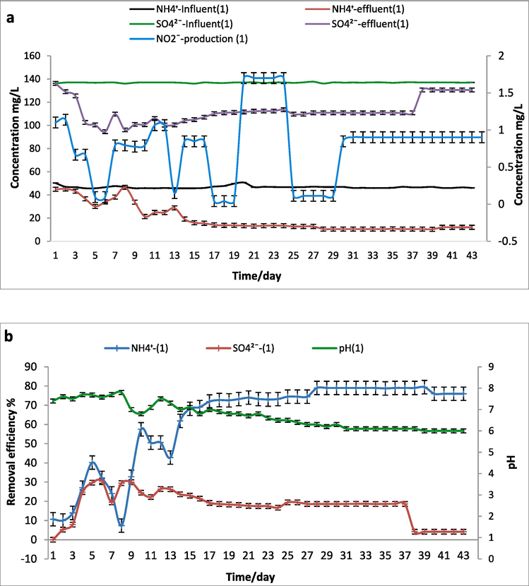 SCS-1 reactor (0.1 g/L of (NH4)2SO4) a. Influent and effluent NH4+, SO42– concentrations and NO2– production. b. The removal efficiency of NH4+ and SO42– and pH.