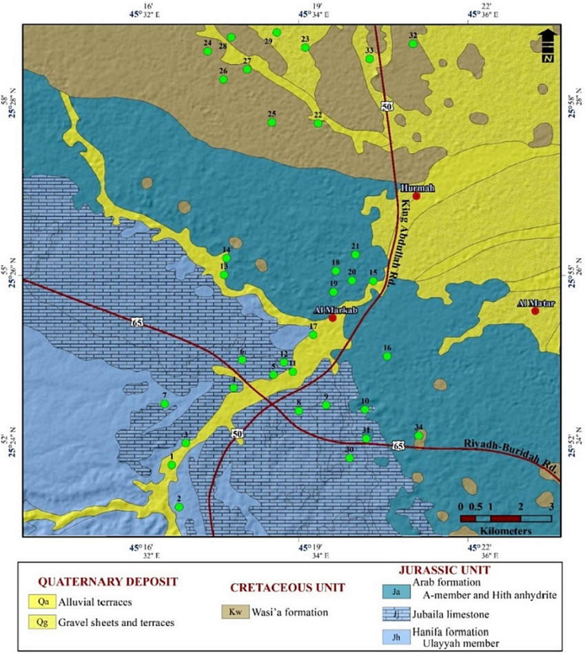 Sampling location and stratigraphic lithology of the study area (Modified after Vaslet et al., 1988).