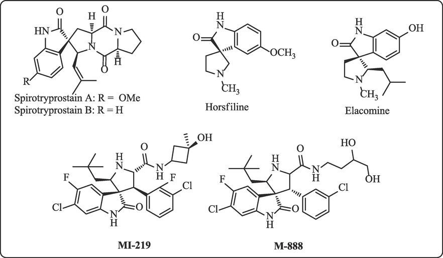 Biological active synthetic spiropyrrolidine derivatives.