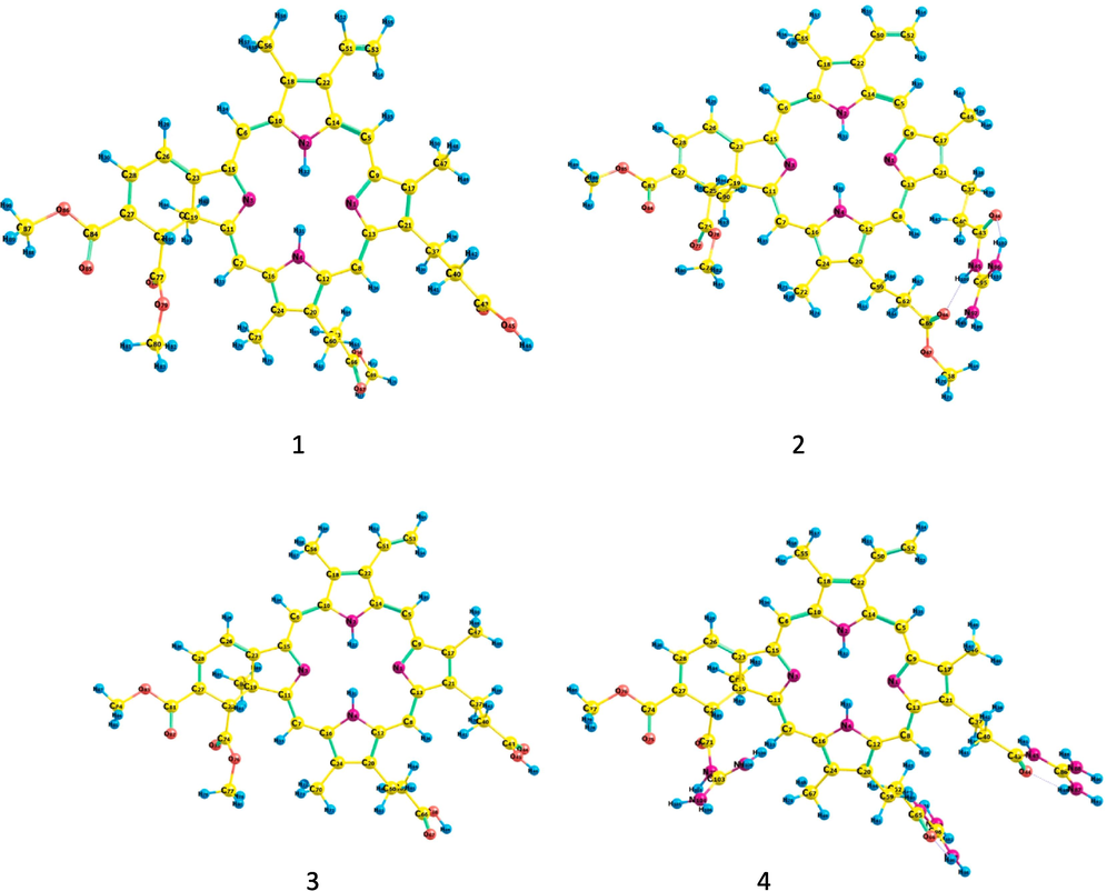 DFT optimized geometries of VD (1), VD(Gua)1 (2), VD(COOH)2 (3) and VD(Gua)3 (4) at BP86/TZVP level.