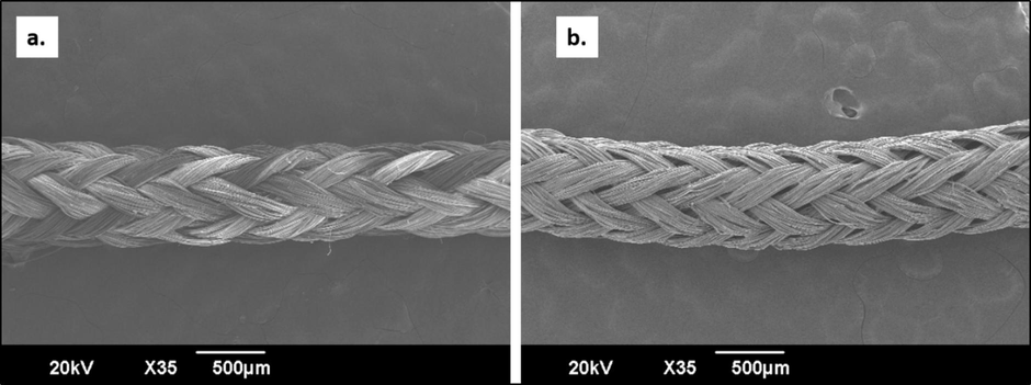 SEM images of uncoated (a) and coated (b) silk braided sutures.