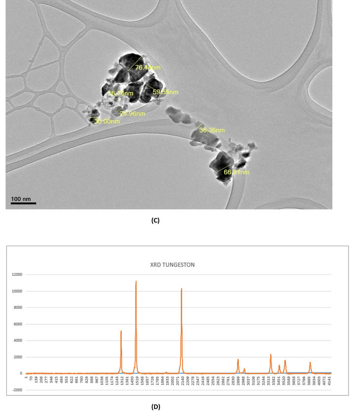 Characterization of WC-Co NPs (A) EDX spectrum and (B) image of WC-Co NPs by scanning electron microscope (C) Image of WC-Co NPs by transmission electron microscope (JEM 1011). (D) X-ray diffraction spectra of of WC-Co NPs.