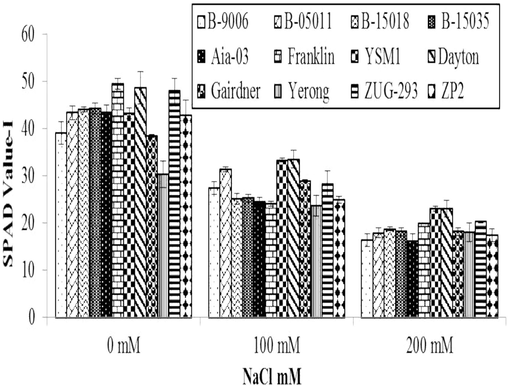 Variations in SPAD value of different genotypes of barley to different level of salinity under hydroponics conditions. Error bars are ±SEM.