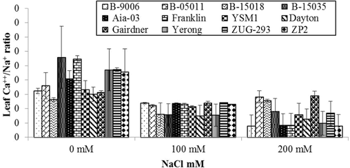 Variations in Ca++/Na+ ratio in leaf sap of different genotypes of barley to different level of salinity under hydroponics conditions. Error bars are showing ± Standard error of mean.