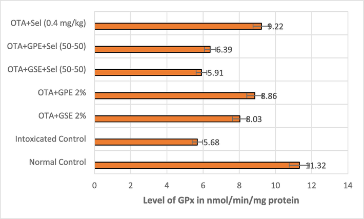 Effect of GSE, GPE and/or selenium addition on GPx enzyme in OTA-induced nephrotoxic rats.