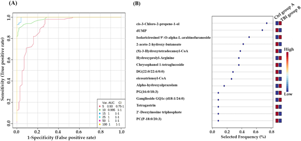 Biomarkers evaluation between TBI and control groups: (A) Generation of an exploratory ROC curve through PLS-DA model, calculating the values of AUC from metabolic combinations of 5, 10, 15, 25, 50, and 100. (B) Representation of frequency plot of 15 metabolites that have been positively identified. (Group A: control mice, Group B: TBI mice).