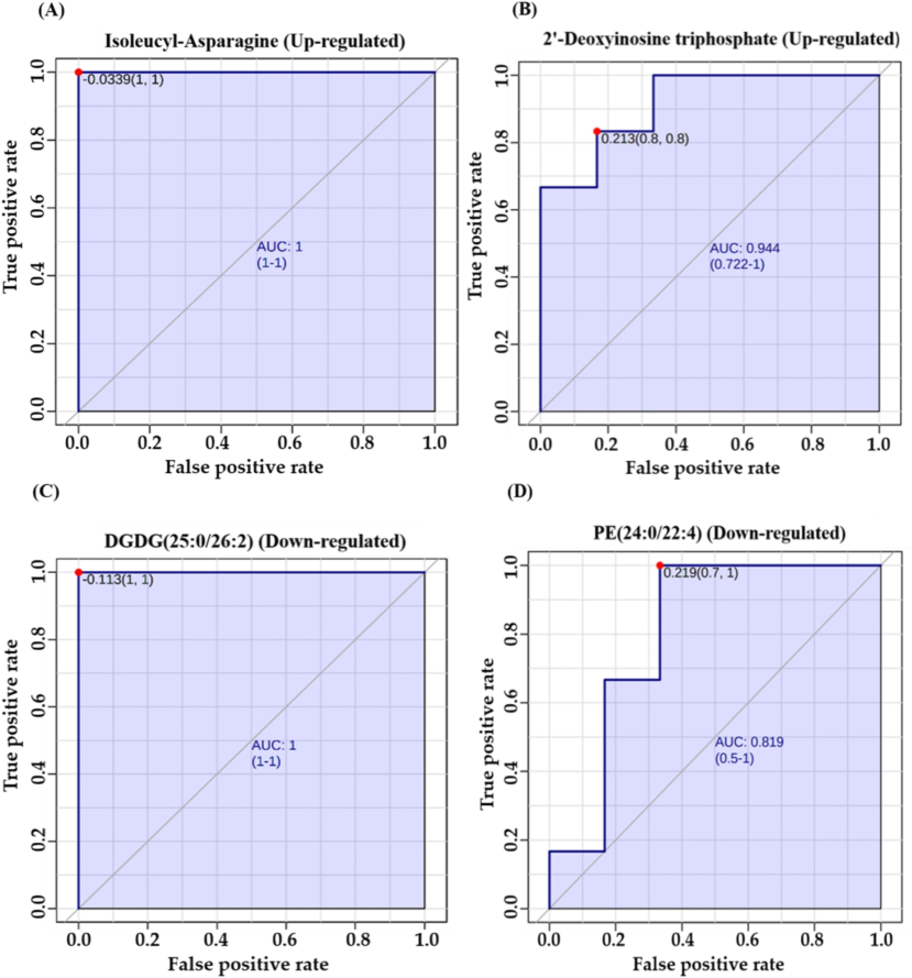 (A, B) Representative Area Under Curve (AUC) for markedly dysregulated metabolites. Examples include two significantly upregulated metabolites: Isoleucyl-Asparagine with an AUC of 1 and 2′-Deoxyinosine triphosphate with an AUC of 0.944. (C, D) Representative AUC are shown for two notably down-regulated metabolites: Diacylglycerol (DGDG (25:0/26:2)), AUC = 1, and Phosphatidylethanolamine (PE (24:0/22:4)) with an AUC of 0.819.