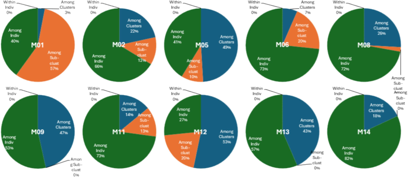 Analysis of Molecular Variance (AMOVA) per loci. Pie charts showing the percentage of genetic variation among clusters, sub-clusters, and individuals within mango cultivars across ten SSR loci.