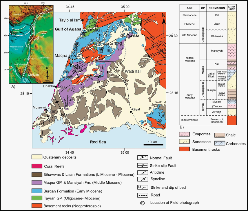 A. Geological map of the western Neom area in the northwestern Arabian plate (Clark, 1986; Hughes et al., 1999). The inset shows the tectonic framework of the Dead Sea Transform Fault (DSTF) (Daëron et al., 2004) and the location of the study area (red rectangle). EAFS is the East Anatolian Fault System. B. Columnar stratigraphic section of Neom area (Hughes et al., 1999).