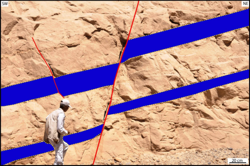 Field photograph showing NW-striking fault in the Lower Miocene Burqan Formation, located in the northern reaches of the study area.