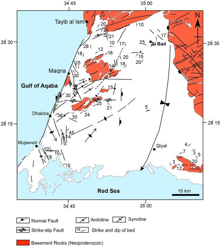 Structural map of the western Neom area. The syncline fold that extends from Al-Bad to Qial is from Bayer et al. (1988).