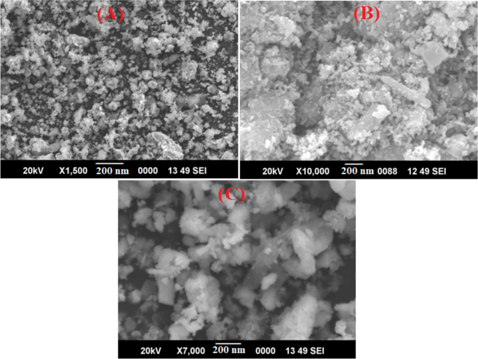 SEM images of Co0.5Mn0.5Fe2−xCexO4 (a) x = 0.0 (b) x = 0.050 (c) x = 0.1 ferrite.