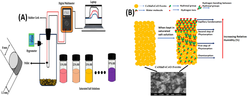 (A) Humidity sensing set-up used in the present investigation (B) Humidity sensing mechanism at the ferrite surface.