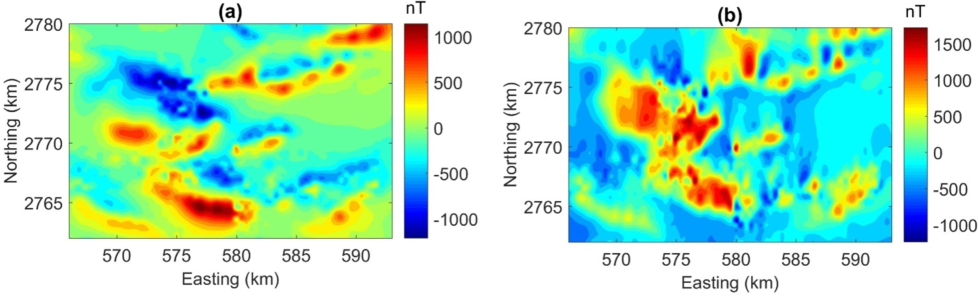 (a) TMI aeromagnetic data, (b) RTP aeromagnetic data.