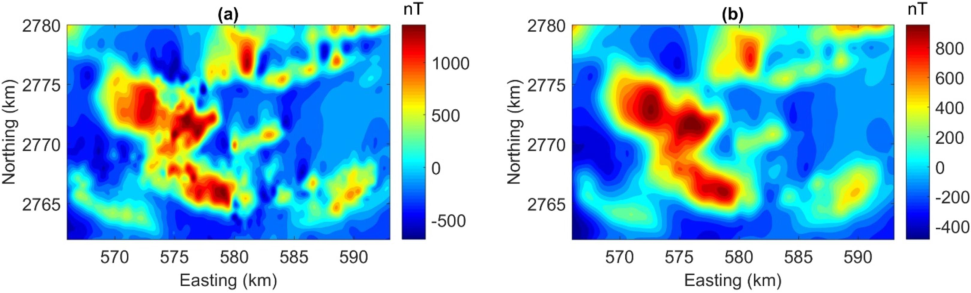 (a) 100 m upward continued RTP data, (b) 500 m upward continued RTP data.