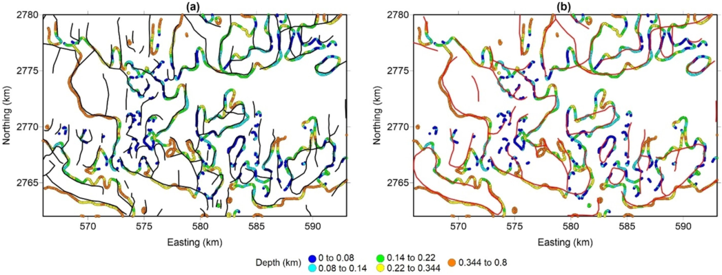 (a) Lineaments interpreted from the LTHG and THGED results of 100 m upward continued RTP data, (b) Lineaments interpreted from the LTHG and THGED results of 500 m upward continued RTP data.