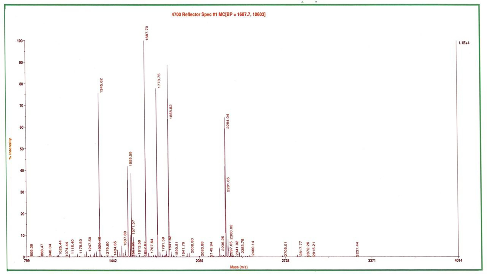 Identification of heavy metal binding protein of P. aeruginosa PA01 (Key: MALDI-TOF results showing the peak value for individual peptides present in heavy metal binding protein of P. aeruginosa PA01).