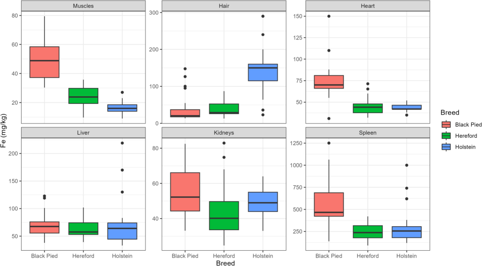 Distribution of iron concentrations in various organs and tissues of Black Pied, Hereford, and Holstein cattle. Source: compiled by the authors.