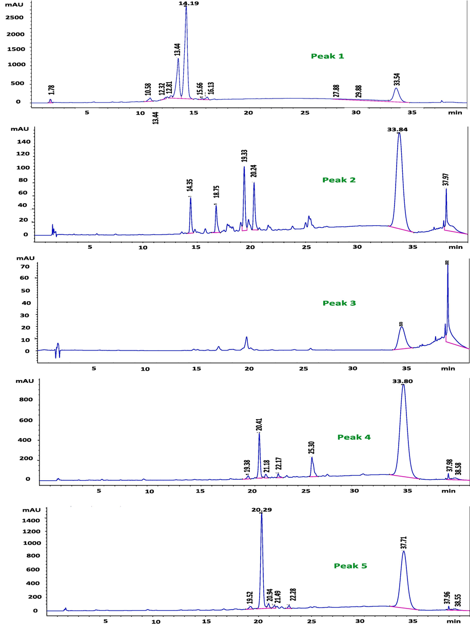 Analytical HPLC chromatogram of the compounds from SPE-2 sub-fraction of the ethyl-acetate fraction of Sorbaria tomentosa at 254 nm indicating different peaks in the five peak areas by method 2.