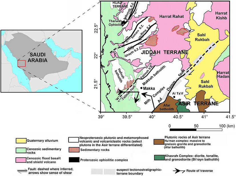 Regional geological map of the west central Arabian Shield overlaid by major tectonic features (after AlSaud, 2008).