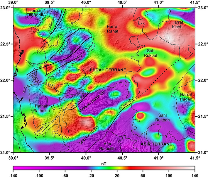 Magnetic anomaly map of the study area with major tectonic features. The thin lines are the boundaries of major geological provinces, dark black colored lines are the major faults and the discontinuous lines are the major shear zones.