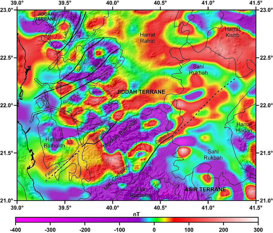 4 km downward continued magnetic anomaly map of the study region. The thin lines are the boundaries of major geological provinces, dark black colored lines are the major faults and the discontinuous lines are the major shear zones.