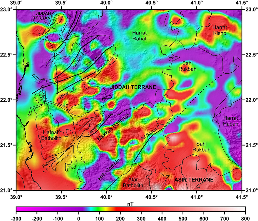 Magnetic anomaly map of the study region reduced to pole which is described in Fig. 3. The thin lines are the boundaries of major geological provinces, dark black colored lines are the major faults and the discontinuous lines are the major shear zones.