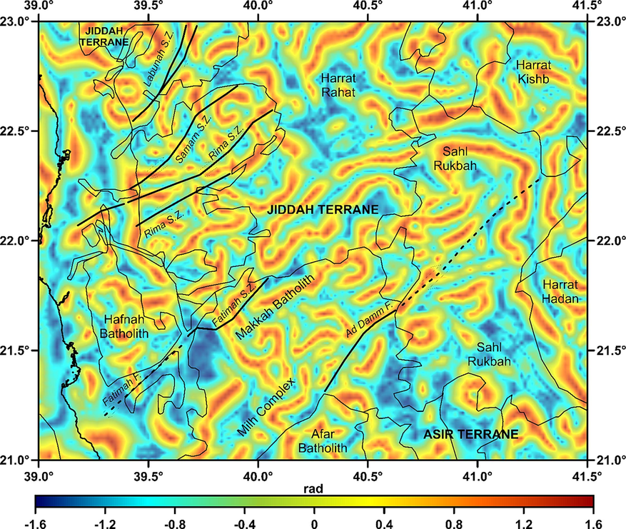 TAHG of reduced to pole magnetic anomaly which is described in Fig. 4. The thin lines are the boundaries of major geological provinces, dark black colored lines are the major faults and the discontinuous lines are the major shear zones.