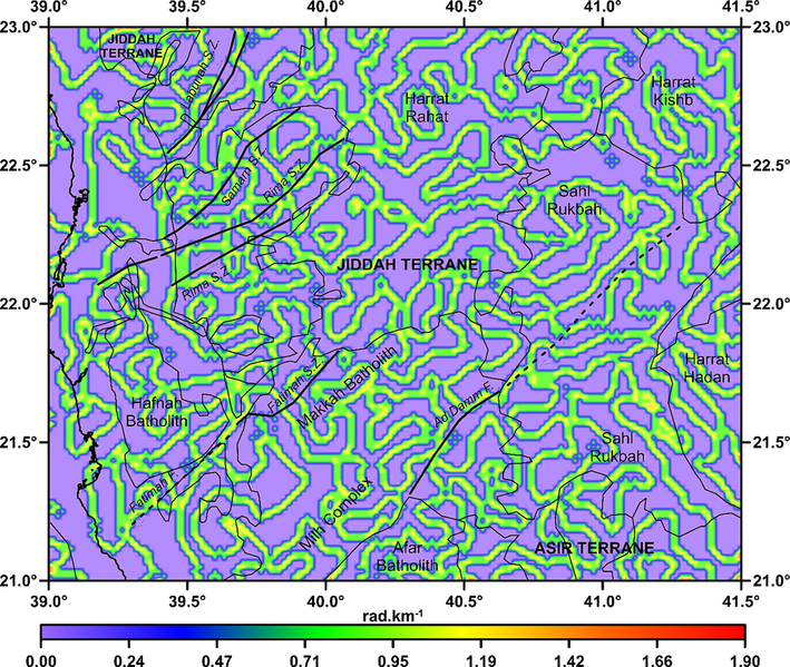 HGSTDR of reduced to pole magnetic anomaly which is described in Fig. 4. The thin lines are the boundaries of major geological provinces, dark black colored lines are the major faults and the discontinuous lines are the major shear zones.