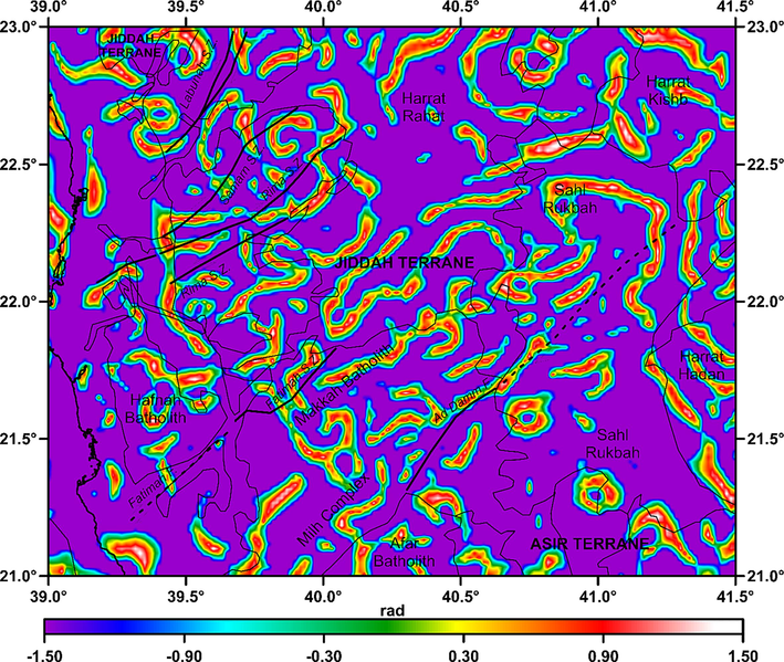 EHGA of reduced to pole magnetic anomaly which is described in Fig. 4. The thin lines are the boundaries of major geological provinces, dark black colored lines are the major faults and the discontinuous lines are the major shear zones.