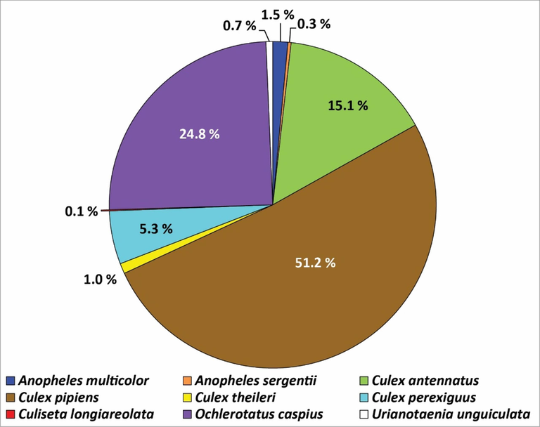 The relative abundances of mosquito larval species throughout the governorate.