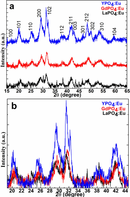 (a&b)X-ray diffraction pattern of the LaPO4:Eu, GdPO4:Eu, and YPO4:Eu NPs.