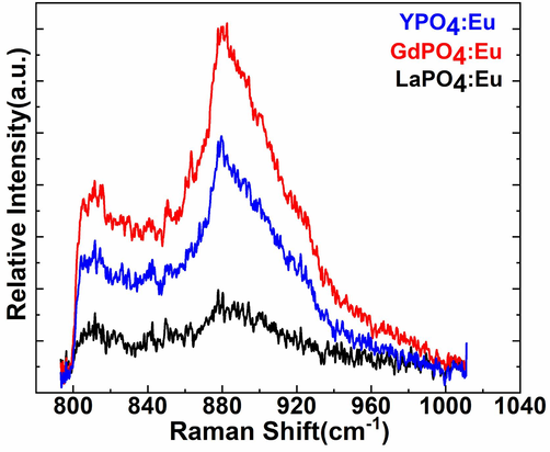 FT-Raman spectra of the LaPO4:Eu, GdPO4:Eu, and YPO4:Eu NPs.