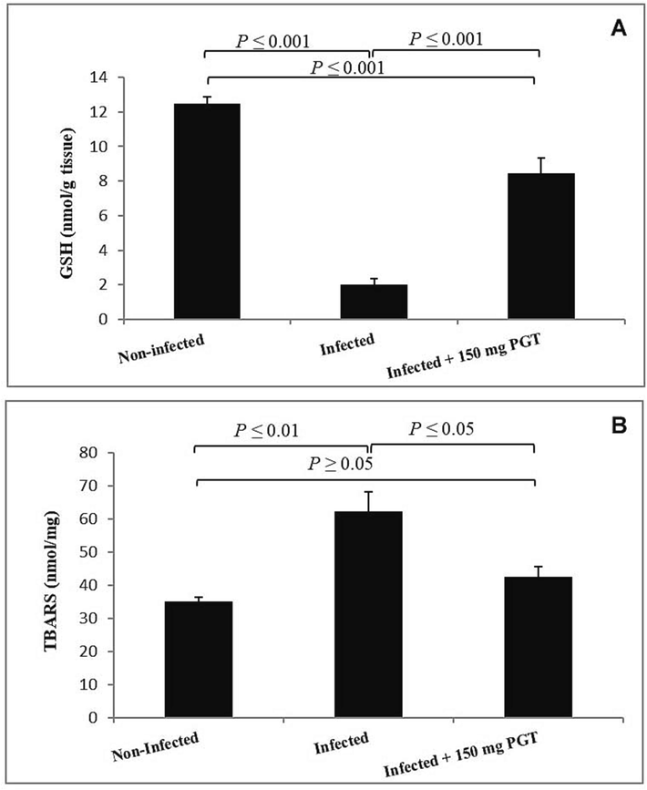 Effect of PGT on the level of reduced glutathione (A) and malondialdehyde (B) in mouse jejunum infected with E. papillata. (Data are given as Mean ± SEM). Significant difference as compared to control and infected group (P ≤ 0.05).