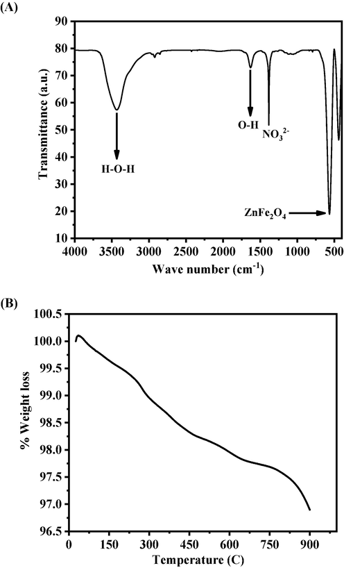 (A) FTIR spectroscopy of zinc ferrite nanoparticles (ZnFe2O4NPs), (B) Thermogravimetric analysis (TGA) of zinc ferrite nanoparticles (ZnFe2O4NPs).