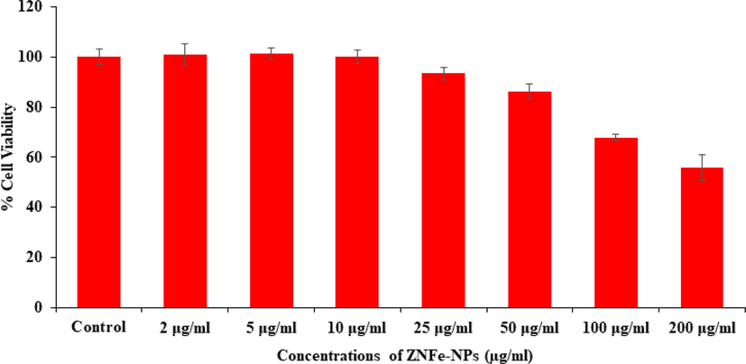 Cytotoxic assessment of ZnFe2O4NPs in MCF-7 cells by MTT assay. Cells were exposed to various concentrations of ZnFe2O4NPs for 24 h.