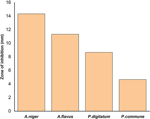 Effect of silver nanoparticles synthesized by Planococcus maritimus MBP-2 on different fungal pathogens.