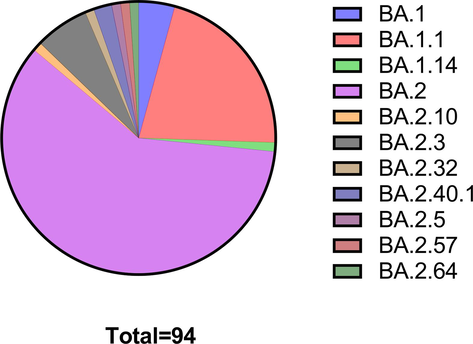 Fractional distribution of Omicron lineages and sub-lineages in the study population.