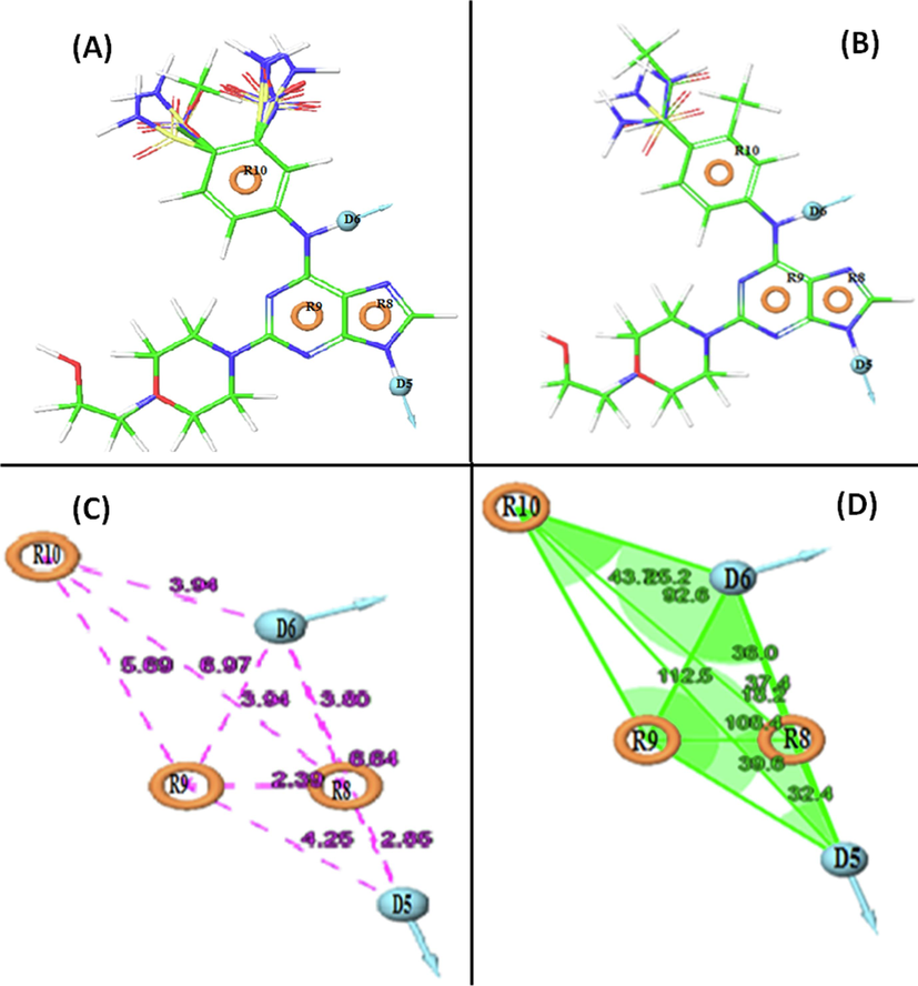 (A) Mapping of the active compounds onto the pharmacophore, and (B) Mapping of inactive compounds onto the pharmacphore. Represents pharmacophore model DDRRR_1 with respect to (C) intersite distances in Å, and (D) angles between the pharmacophoric points.