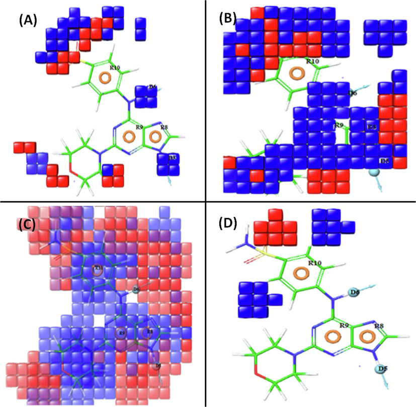 Pictorial representation of the contour plots generated of the active compound (20) in the context of (A) hydrogen bond donor effects, (B) electron withdrawing groups, (C) hydrophobic interactions, and (D) negative ionizable groups.