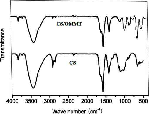 FTIR spectra of CS and CS/OMMT nanocomposite.