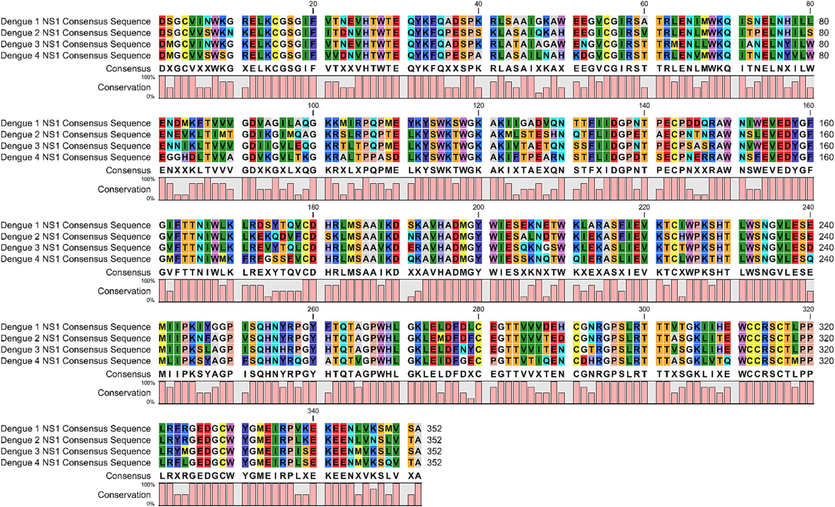 Global consensus sequence of DENV NS1. Serotype-specific consensus of dengue NS1 have been shown. The global consensus sequence has been shown by one letter amino acid codes at the bottom above the bars. The bars under the amino acids show percent amino acid conservation at their respective position.