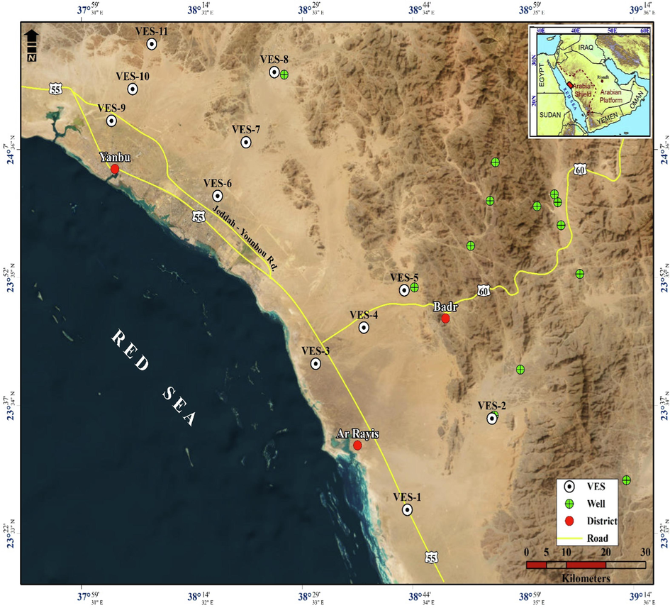 Location map of the study area including the measured VES stations and boreholes.