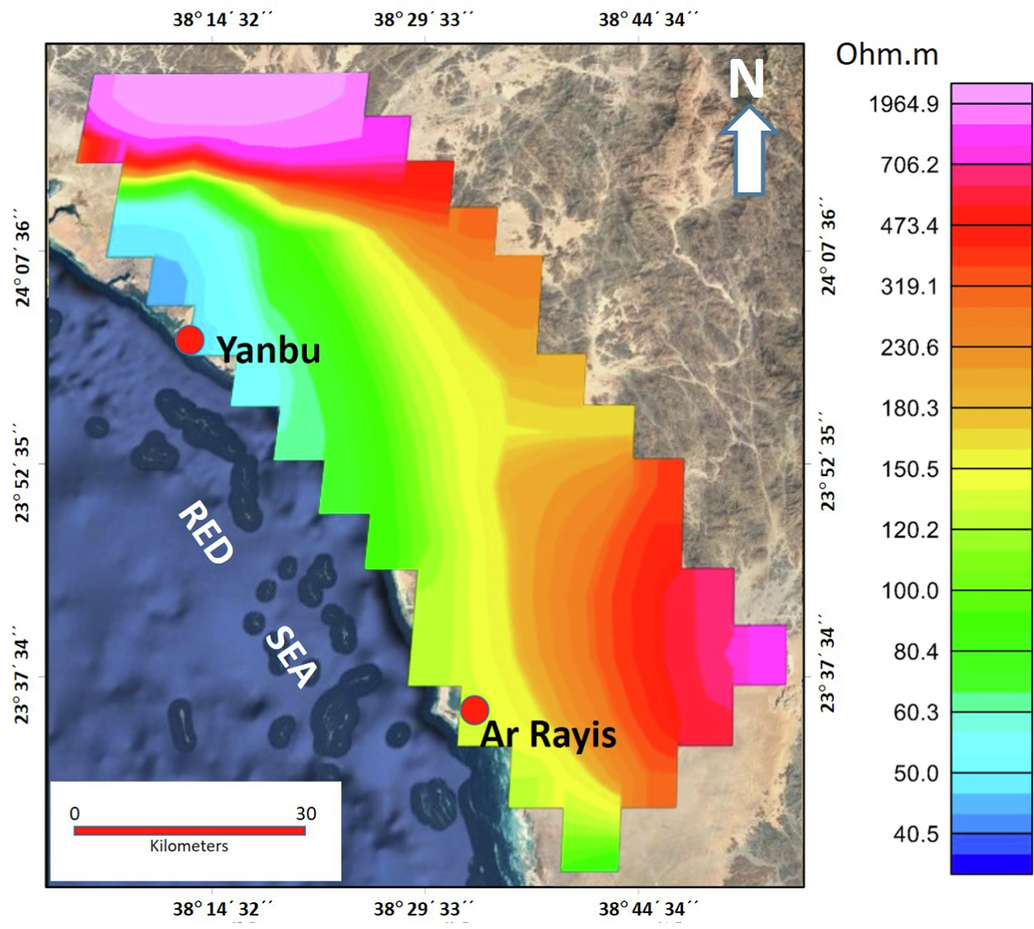 A map shows the distribution of the true resistivity of the first geoelectric resistivity layer along the study area.