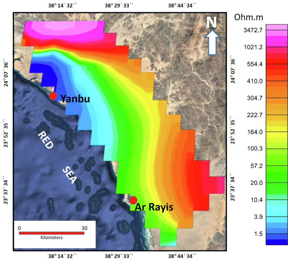 A map shows the distribution of the true resistivity of the third geoelectric resistivity layer along the study area.