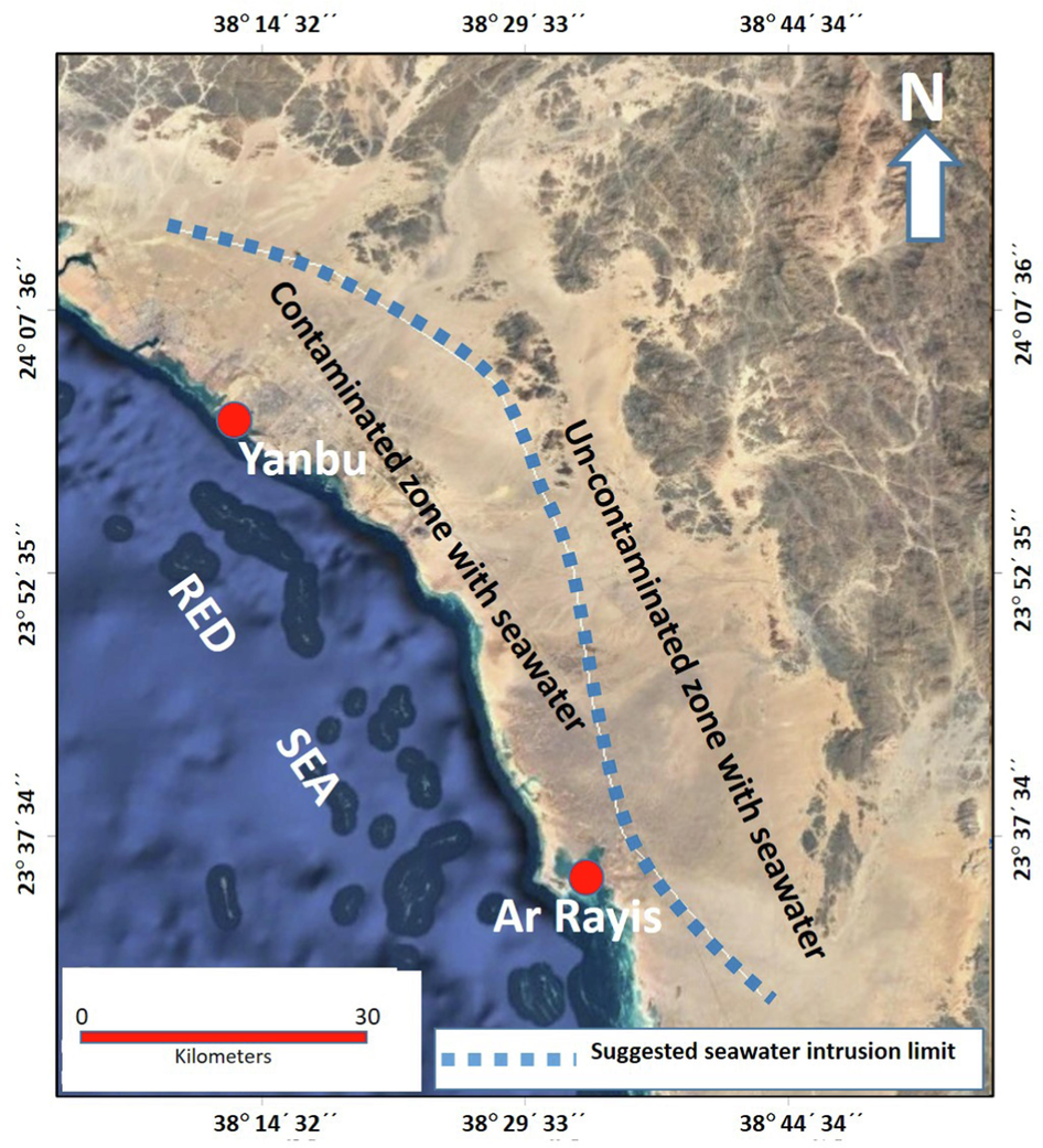 A possible extension of the seawater intrusion into the coastal area around the industrial city of Yanbu.