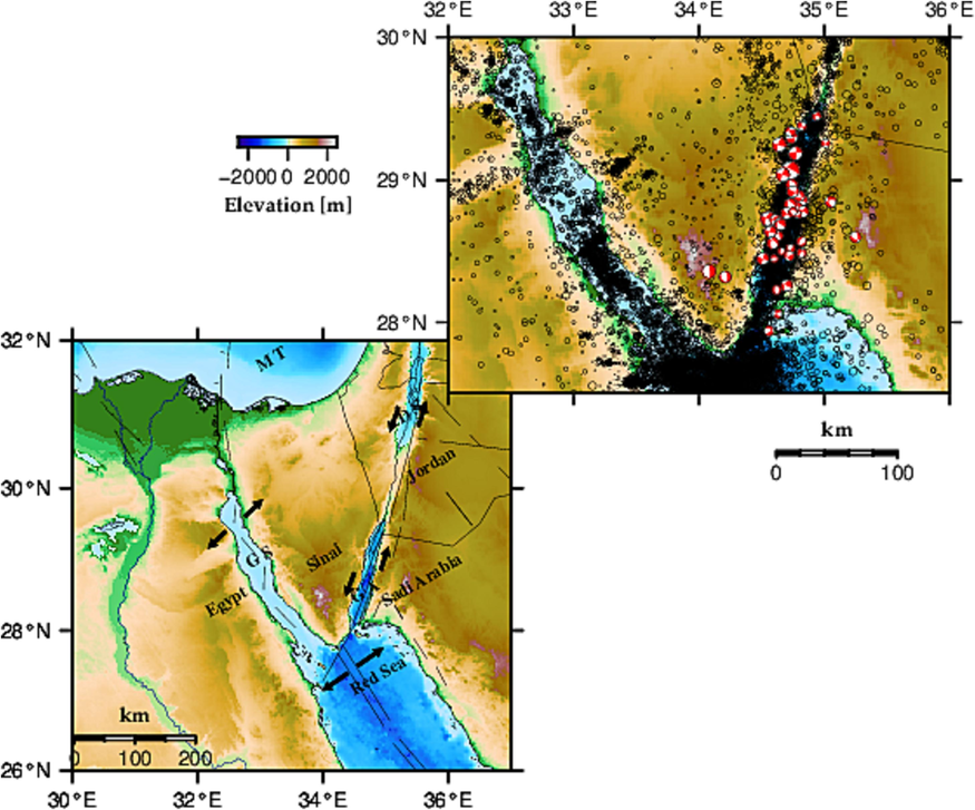 Tectonic settings and seismicity distribution in the Gulf of Aqaba and its vicinity region.