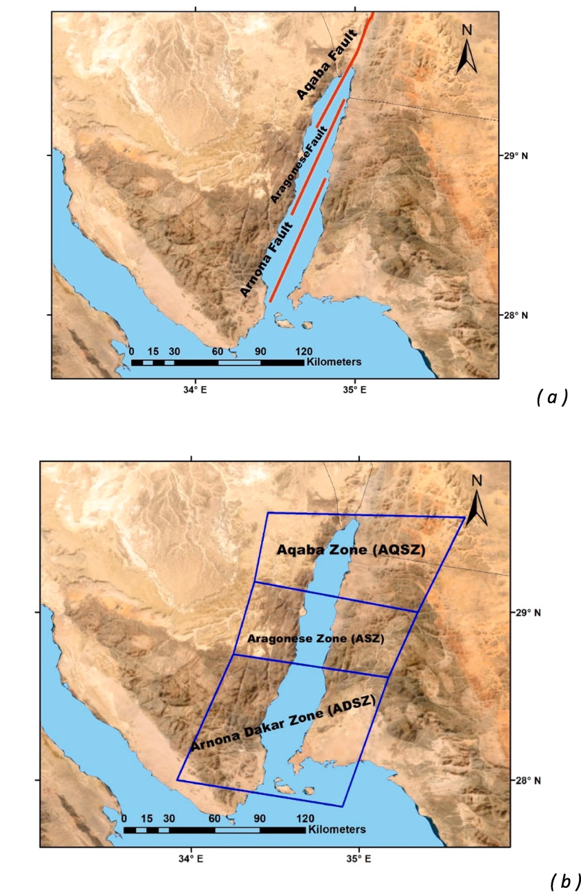 Maps show the spatial extension of the Gulf of Aqaba (a) Fault model and (b) Area seismic model.