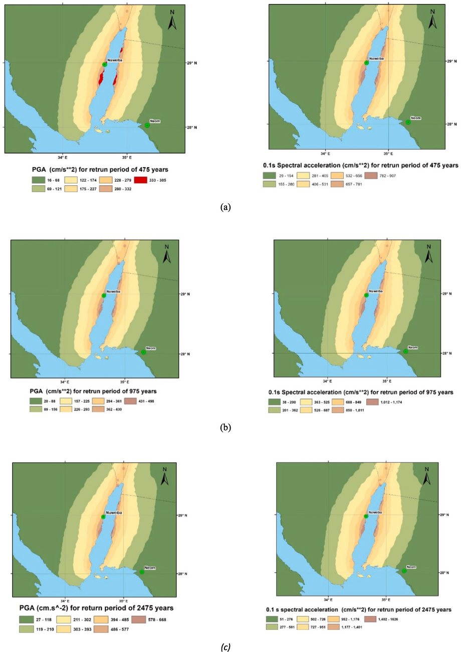 Mean peak ground acceleration (cm/s2) on the rock sites, (a) with a 10 % probability of exceedance in 50 years (475-year return period), (b) with a 5 % probability of exceedance in 50 years (975 year return period), and (c) with 2 % probability of being exceeded in 50 years (2475 years return period).